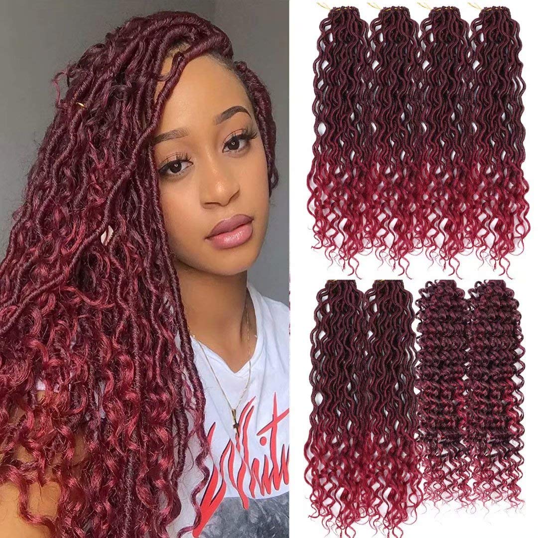 Burgundy New Goddess Locs Crochet Hair 8 Packs 18inch River Locs Crochet Hair Curly Faux Locs Crochet Hair with Curly End Boho Faux Locs Synthetic Hair Extentions(18" T1B/BUG#)