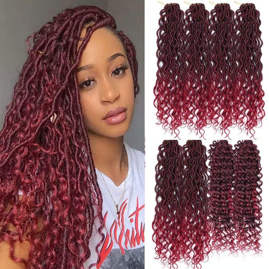 Burgundy New Goddess Locs Crochet Hair 8 Packs 18inch River Locs Crochet Hair Curly Faux Locs Crochet Hair with Curly End Boho Faux Locs Synthetic Hair Extentions(18" T1B/BUG#)