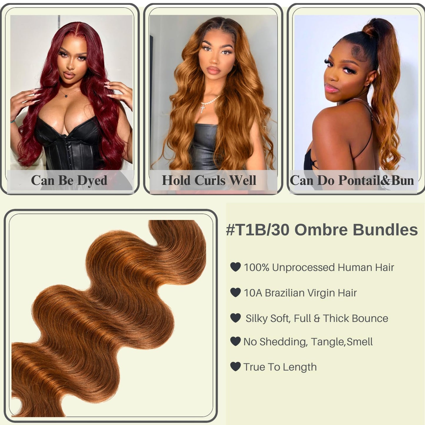 ALHER T1B/30 Ombre Brown Human Hair Bundles 22 IN, 10A Body Wave Black Root Ombre Blond Colored Human Hair Single Bundle, 100% Brazilian Virgin Remy Human Hair for Women Soft Thick Double Weft