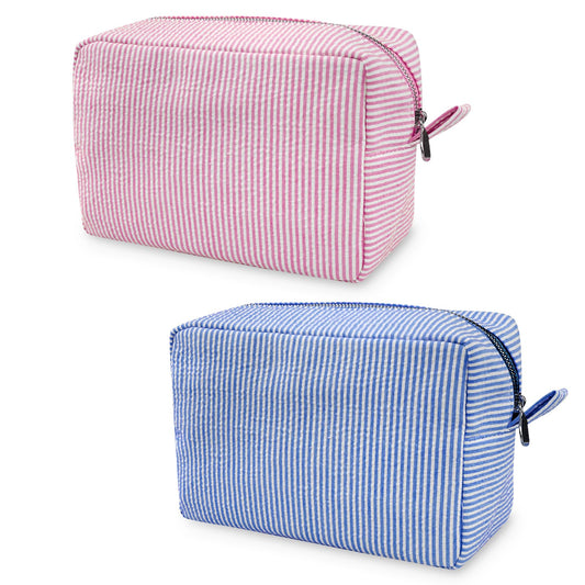 GFU Makeup Bag for Women, 2PCS Cute Cosmetic Bag, Lightweight Toiletry Make up Bag, Large Seersucker Aesthetic Organizer Storage Pouch for Girls, Women and Moms Gifts, Blue&Pink