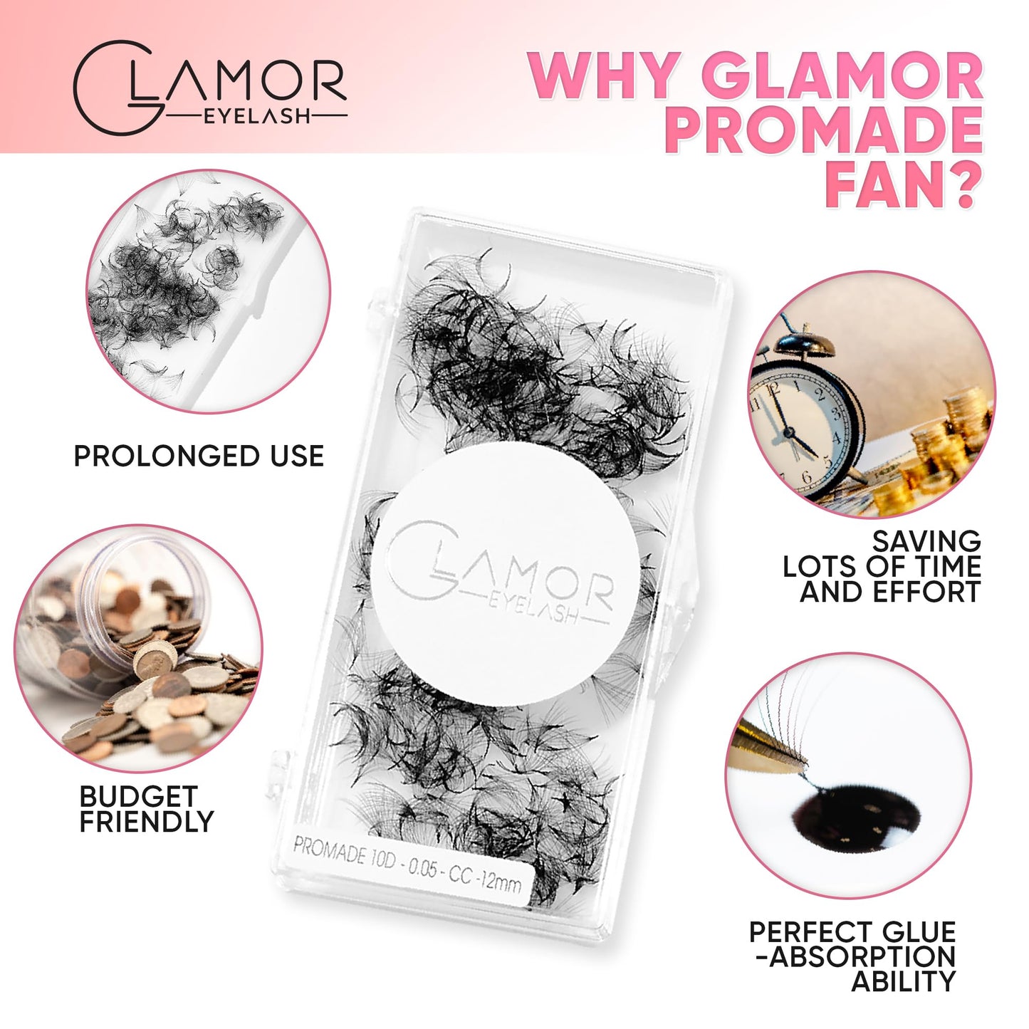 GLAMOREYELASH 500 Promade Volume Fans Loose Eyelash Extension, Handmade Individual Lashes Loose Fan 3D-16D, 0.03/0.05/0.07mm Thickness, C CC D Curl for Mink Lashes, 8-16mm Length (12D-0.03-C, 16mm)