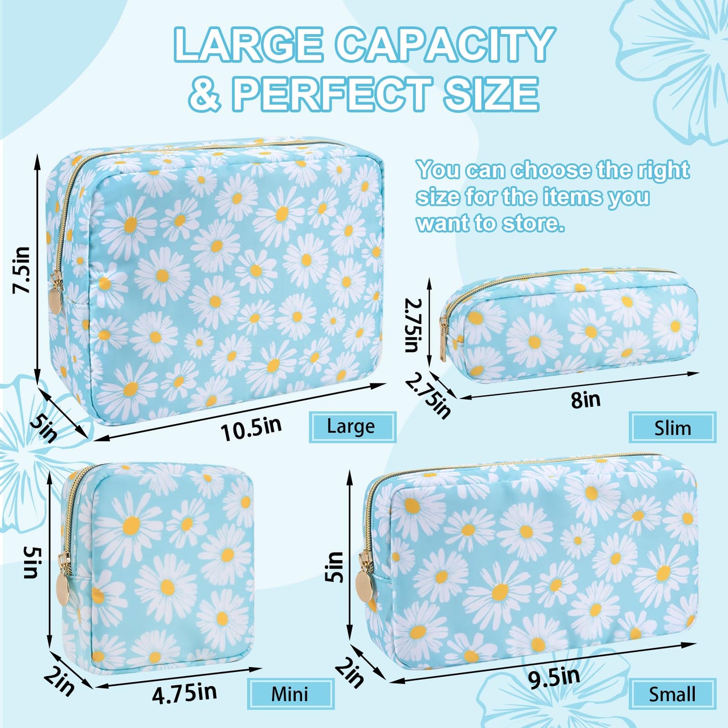 Waterproof Small Floral Makeup Bag Pouch for Purse,Nylon Flower Cosmetic Bag Preppy Travel Toiletry Storage Bag for Women Girl,Cute Makeup Organizer Bag Skincare Bag with Zipper(Small Blue-Daisy)