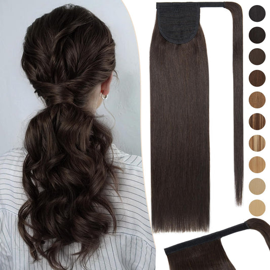 Rich Choices Ponytail Extension Human Hair #2 Dark Brown Real Hair Ponytail Extension Balayage One Piece Clip In Wrap Around Long Ponytail Extension Straight For Women 16 Inch 85g