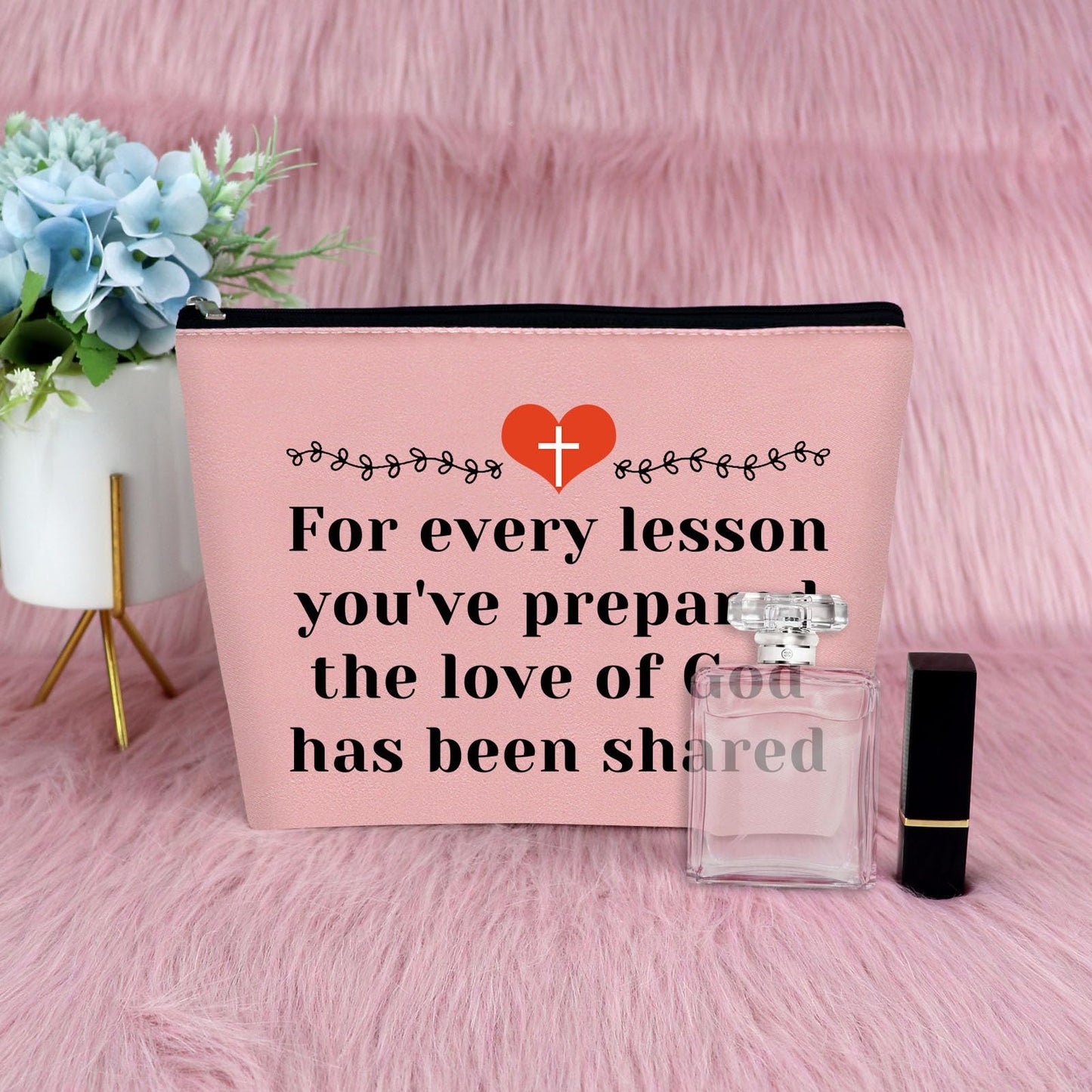 Sunday School Teacher Gift Makeup Bag Religious Gift for Women Teacher Appreciation Gift Cosmetic Bag Christian Gift for Her Funny Birthday Gift Thanksgiving Graduation Gift Travel Pouch（Pink）