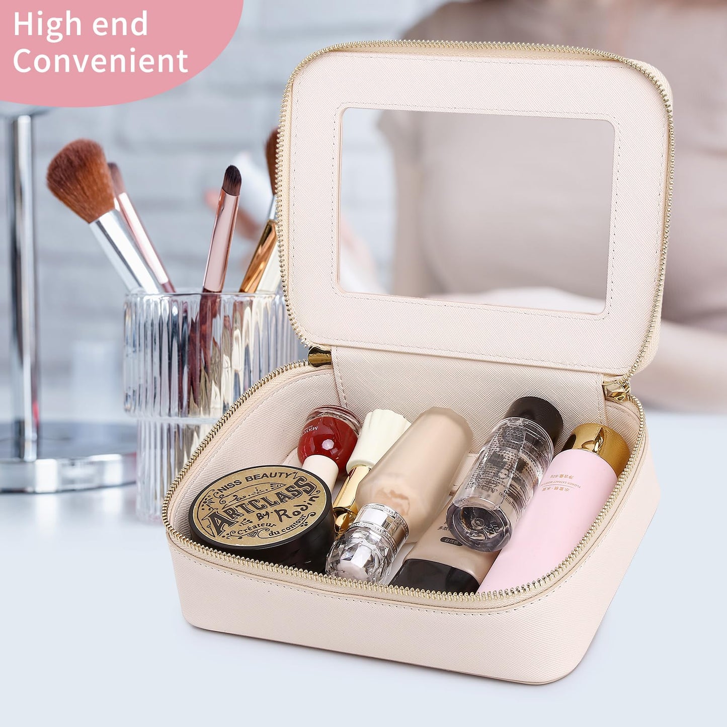 Pinkmik Clear Makeup Bag Transparent Travel Case for Cosmetics and Toiletries Women's Brush Bag and Clear Car Bag with Zipper (F/Beige, M+MINI)