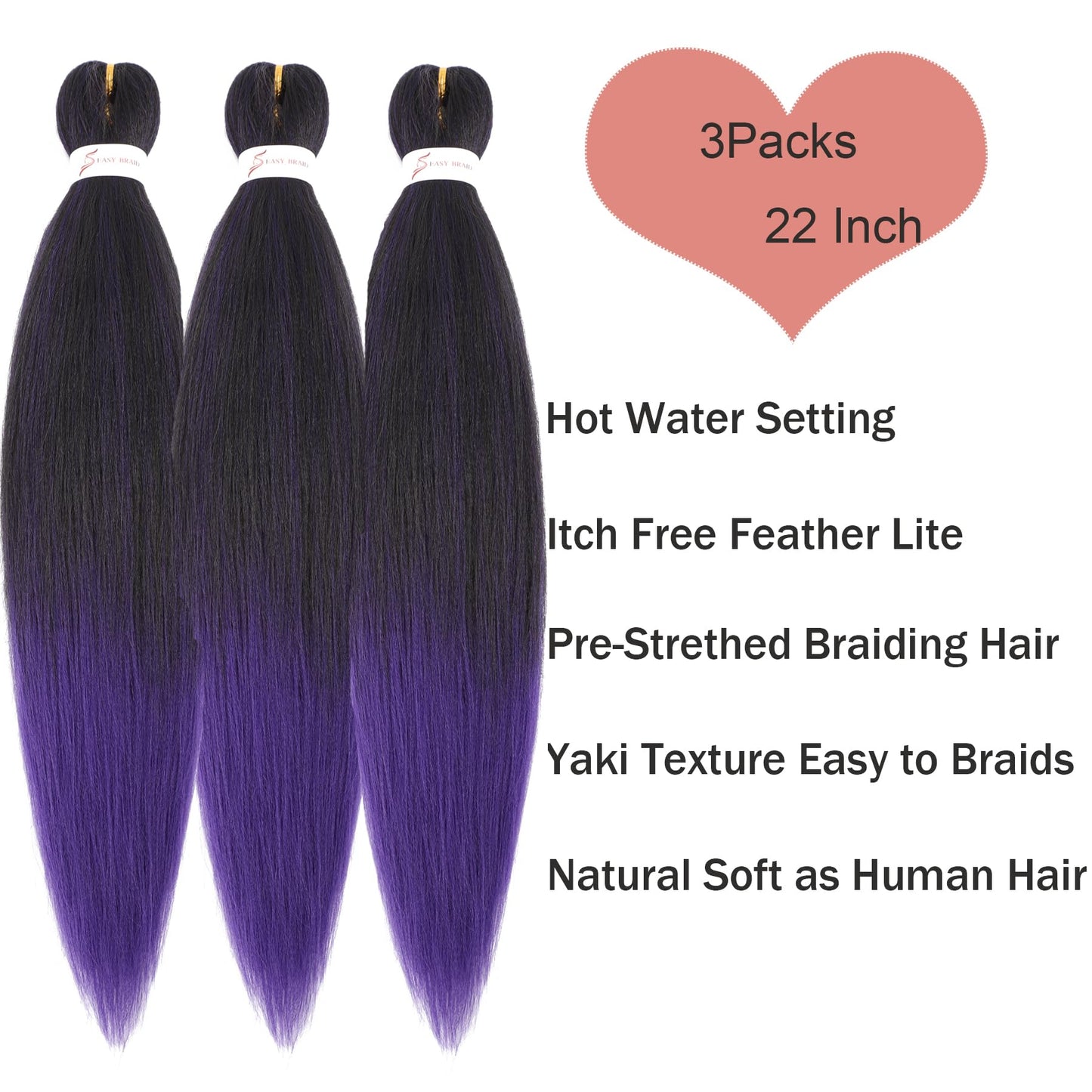 TPurple Braiding Hair 22 Inch Premium Pre Stretched Braiding Hair 3 Packs Professional Prestretched Hair for Braiding Hot Water Setting Crochet Braid Yaki Straight Purple Braiding Hair Pre stretched