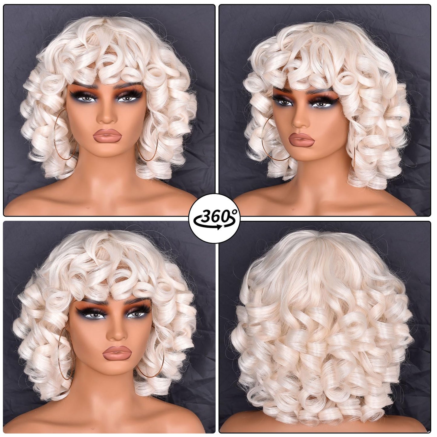 SOFUN Short Curly Wigs for Black Women Afro Curly Wig with Bangs Loose Cute Curly Fluffy Wavy Big Bouncy Fluffy Curly Wig(White)