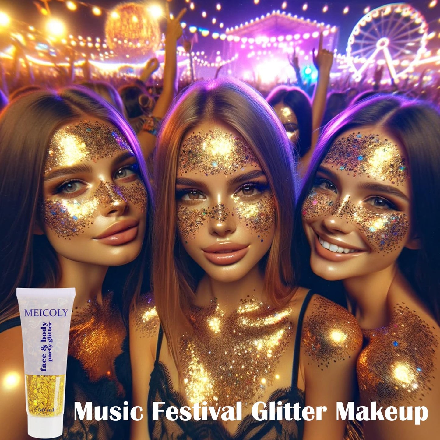 MEICOLY Gold Body Glitter,Music Festival Outfits for Women,Face Glitter Gel Festival Accessories,Chunky Glitter Face Paint,Mermaid Sequins Hair Glitter Makeup,Sparkle Body Glitter Gel for Women Kids