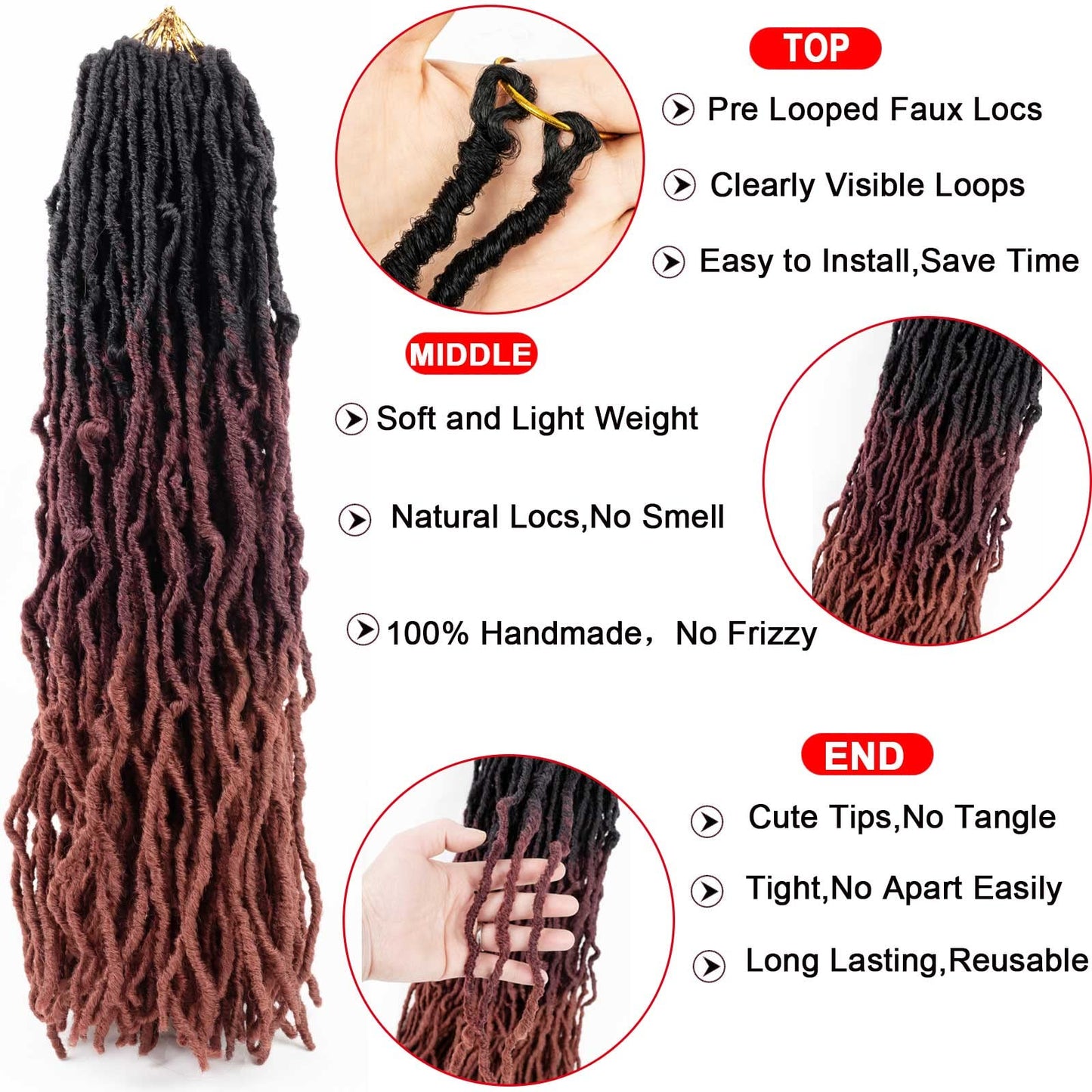 Faux Locs Crochet Hair Soft Locs Hair Long 24 Inch 6 Packs Ombre Goddess Locs Crochet Braids Black/Burgundy/Orange Pre Looped Dreads Braiding Hair(24",6packs,T1B/530/350#)