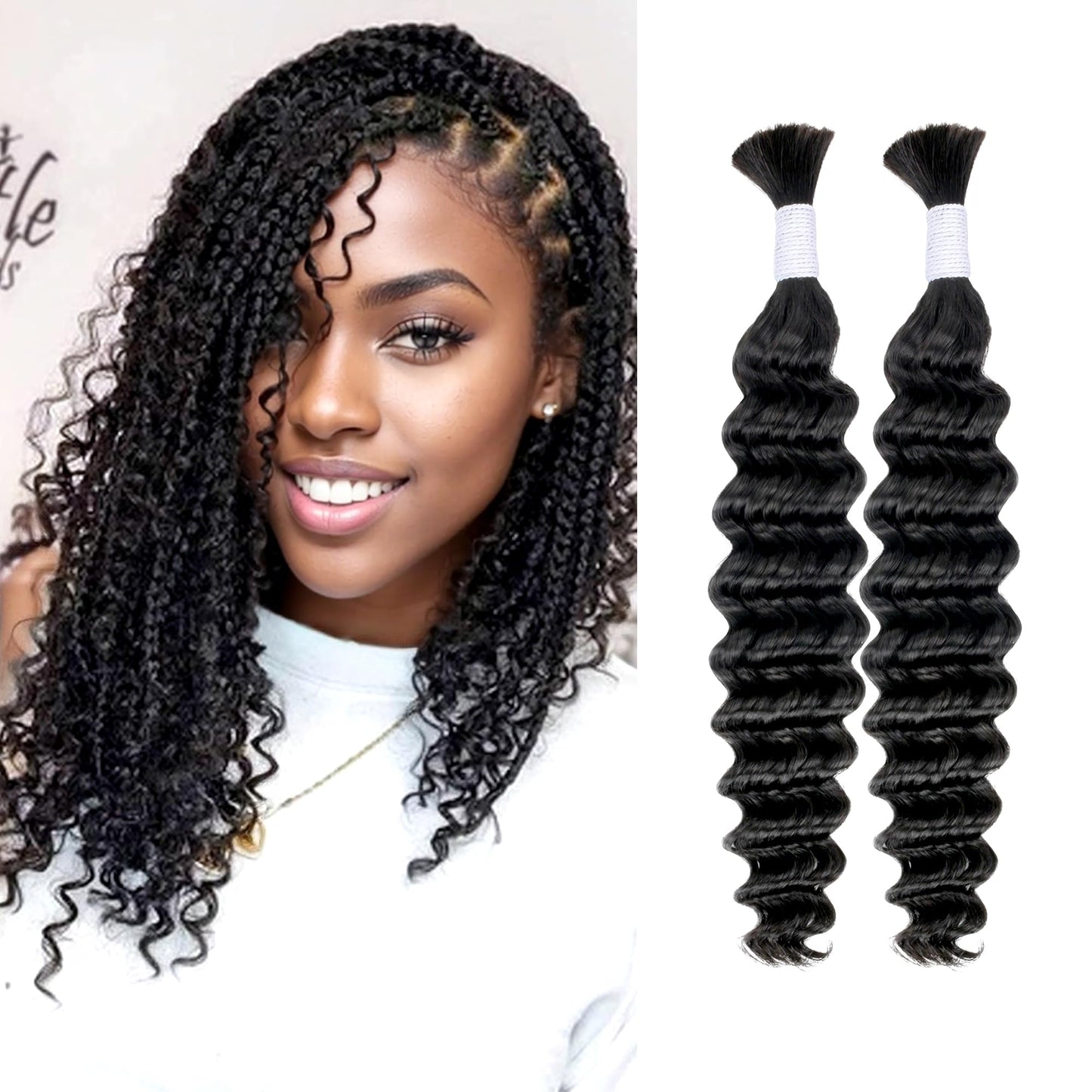 Deep Wave Bulk Human Hair for Braiding 2 Bundles 100g 18 Inch No Weft 10A Brazilian Virgin Curly Human Hair Extensions for Boho Braids Wet Wavy Human Braiding Hair (18"/100G,Black)