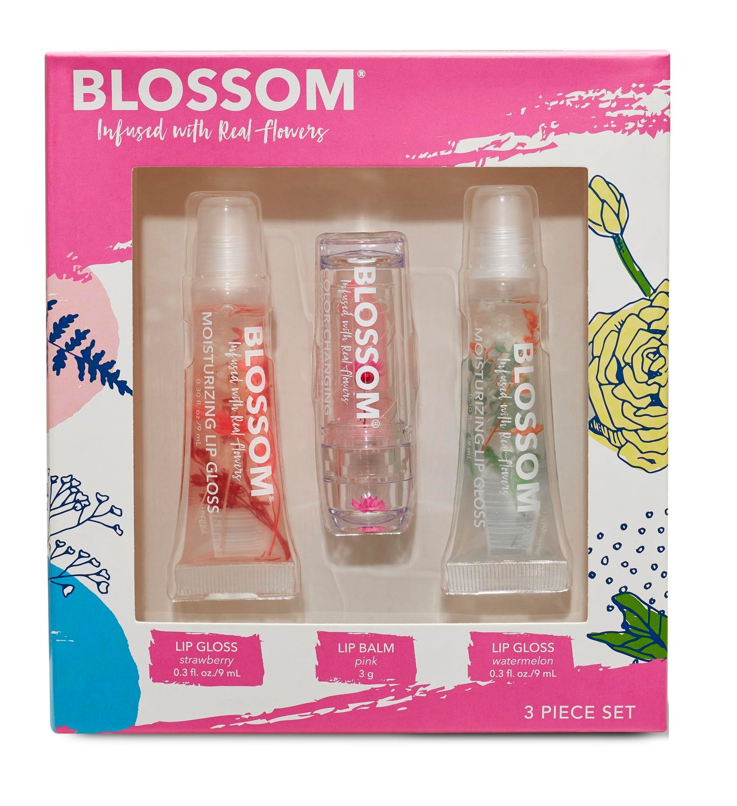 Blossom Scented Moisturizing Lip Gloss Tubes + Custom Color Change Crystal Lip Balm, Infused with Real Flowers, 0.9 fl. oz/27ml, 3 pack, Strawberry/Pink/Watermelon