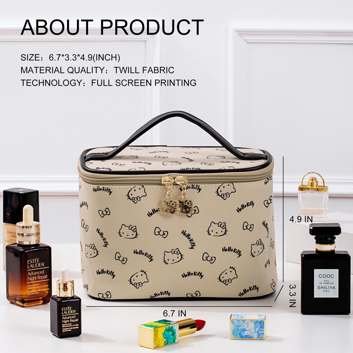 BeautyTimes Large Makeup Bag Travel Cosmetic Bags with Handle Storage Bag Brush Zipper Case Organizer for Women (Beige-A)