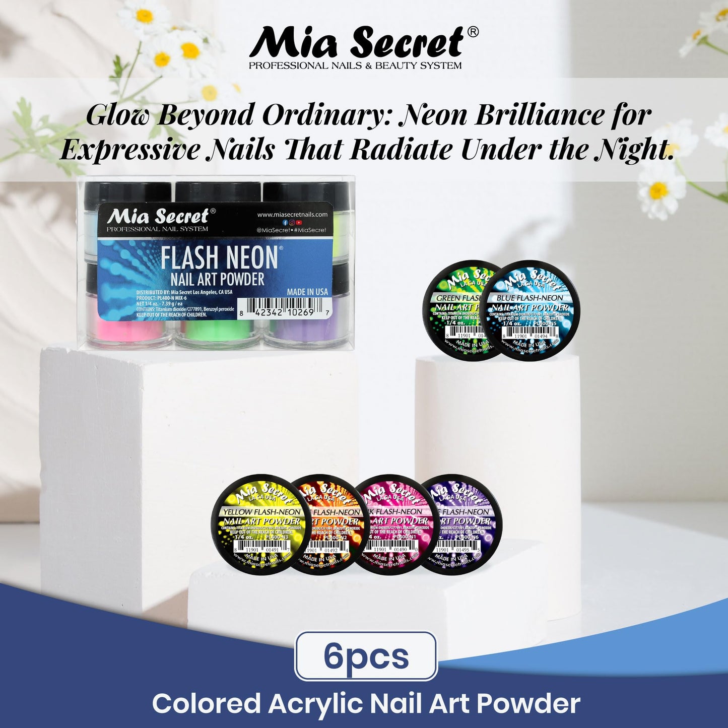 6 Mia Secret Flash Neon Acrylic Nail Art Powder Glows Under the Black Light 6 Neon Colors