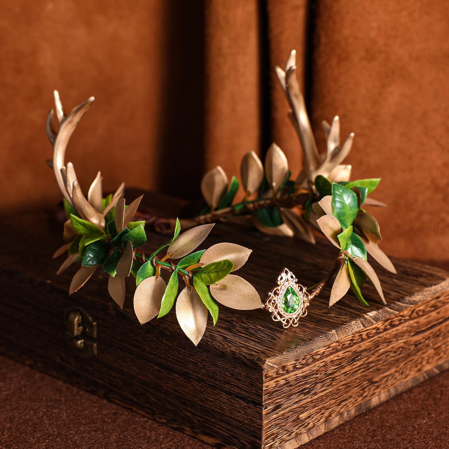 MOSTORY Woodland Fairy Antler Crown - Forest Elf Crown Fairy Headband Flower Deer Horns Crown for Women Renaissance Cosplay Ren Faire Costume Photo Shoot