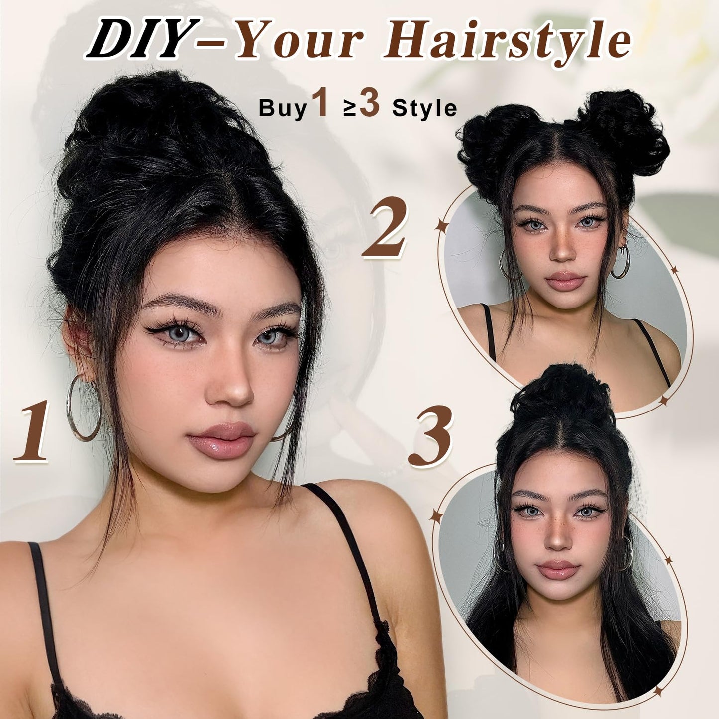 HMD 100% Human Hair Bun Messy Bun Extensions Human Hair Messy Rose Bun Hair Piece Curly Hair Bun with Elastic Band Hair Bun Hair Extensions Tousled Updo Hairpieces for Women(Brown Black)