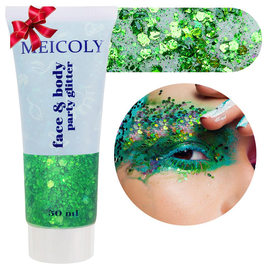 MEICOLY Green Body Glitter,St Patricks Day Accessories Face Glitter,St.Patrick's Day Alien Glitter,Face Hair Mermaid Sequins Party Festival Rave Makeup,Sparkly Body Glitter Gel for Women Kids,50ml