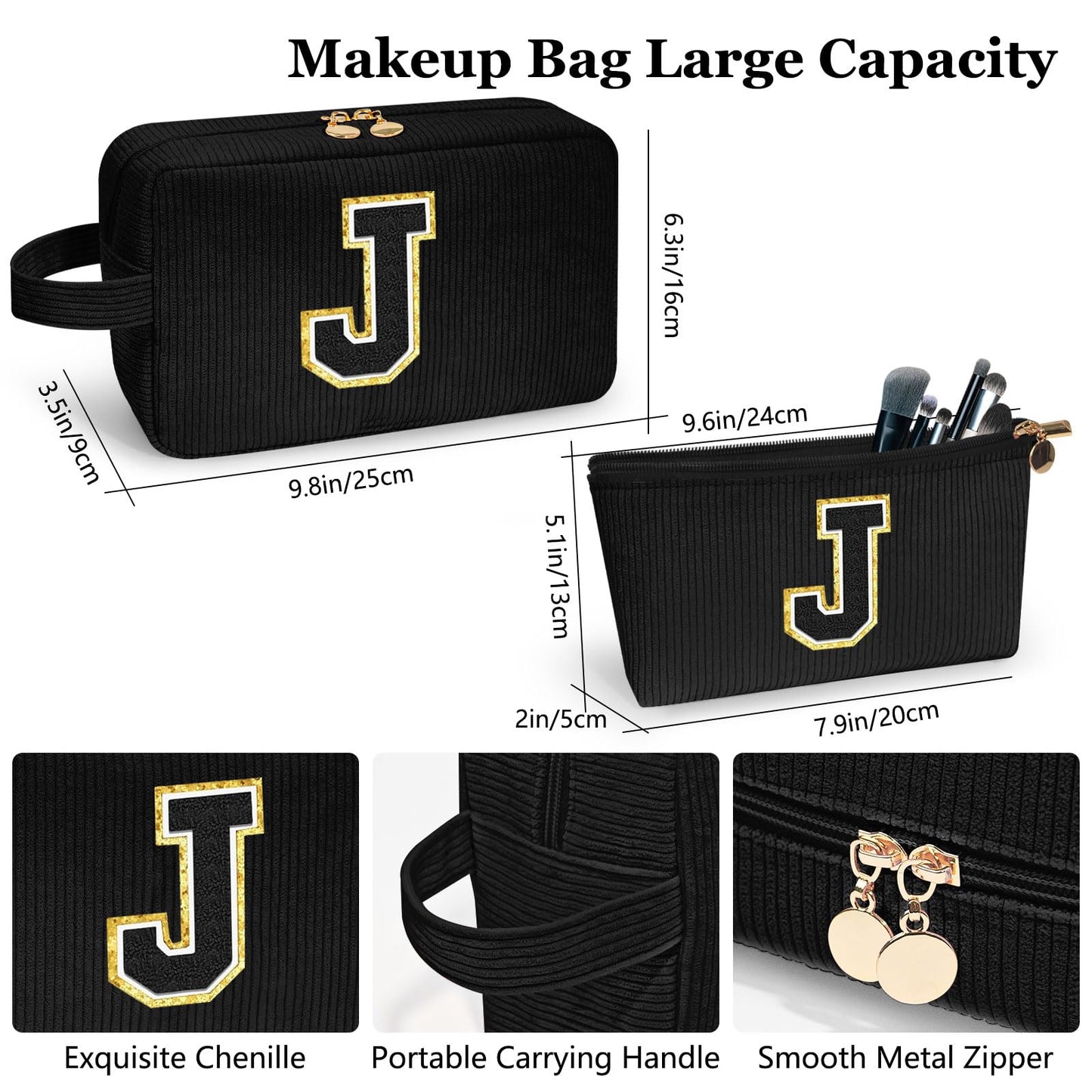 CoolDuffle Initial Makeup Bag Cosmetic Bags for Women Gifts for Women Makeup Bag, Small Makeup Pouch Travel Cosmetic Bag Makeup Brush Bag Toiletry Bag Initial Makeup Bag Cute Makeup Bag Black J