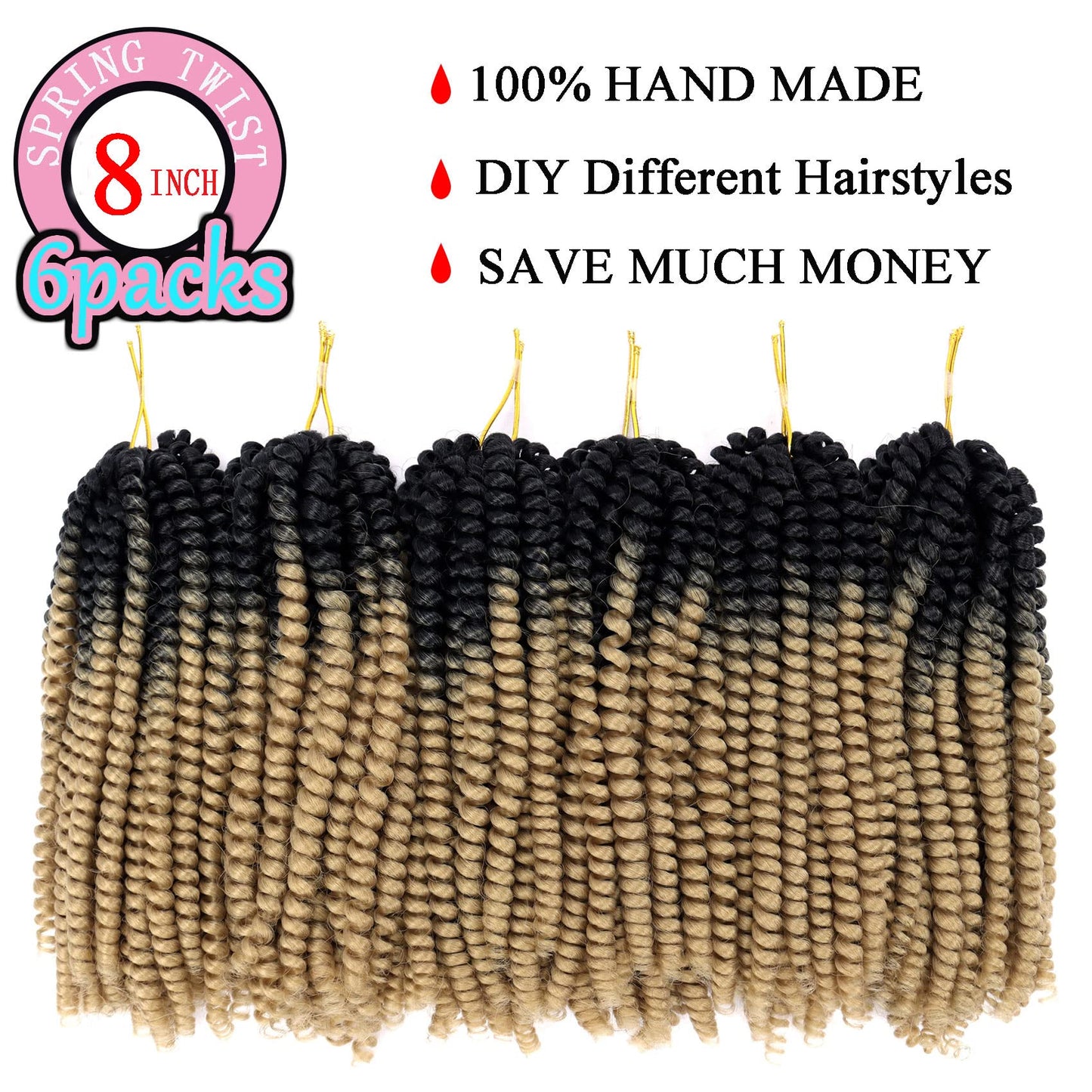 6 Packs Spring Twist Hair Blonde 8 Inch Spring Twist Crochet Hair Fluffy Spring Twist Synthetic Fiber Bomb Twist Crochet Braids Low Temperature Twist Crochet Hair for Black Women(OT27)