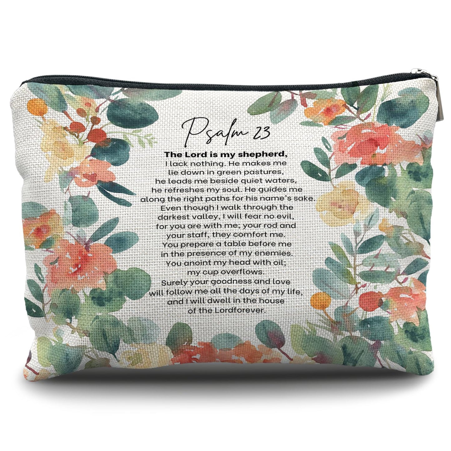 Nogrit Christian Inspirational Makeup Bag Cosmetic Bags for Women, Christian Gifts for Women Faith, Religious Bible Verse Floral Small Makeup Cosmetic Bag for Purse, PSALM 23