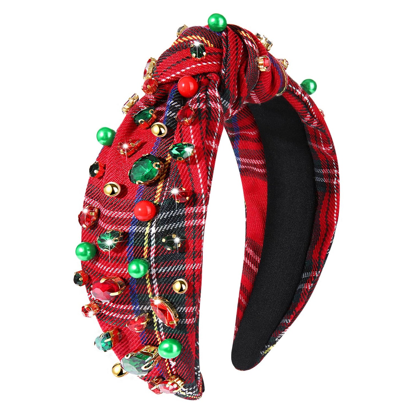 NVENF Christmas Headband for Women Jeweled Xmas Plaid Headband Embellished Crystal Pearl Knotted Headbands Wide Top Knot Holiday Headband Christmas Hair Accessories Holiday Outfits Gifts (Red 2)