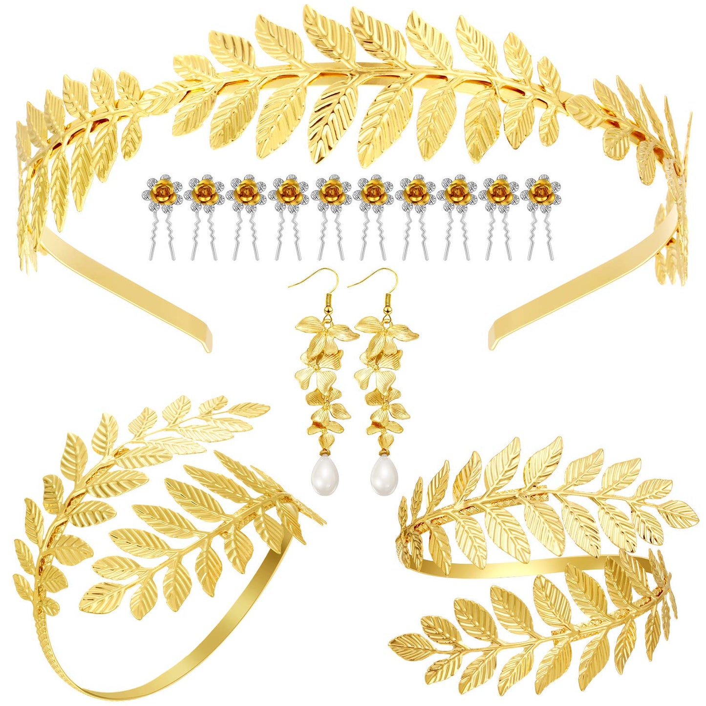 WILLBOND 15 Pieces Greek Goddess Costume Accessories Women Toga Golden Leaves Bridal Crown Headband Bracelet Pearl Earrings and Hair Pins (Classic Style)