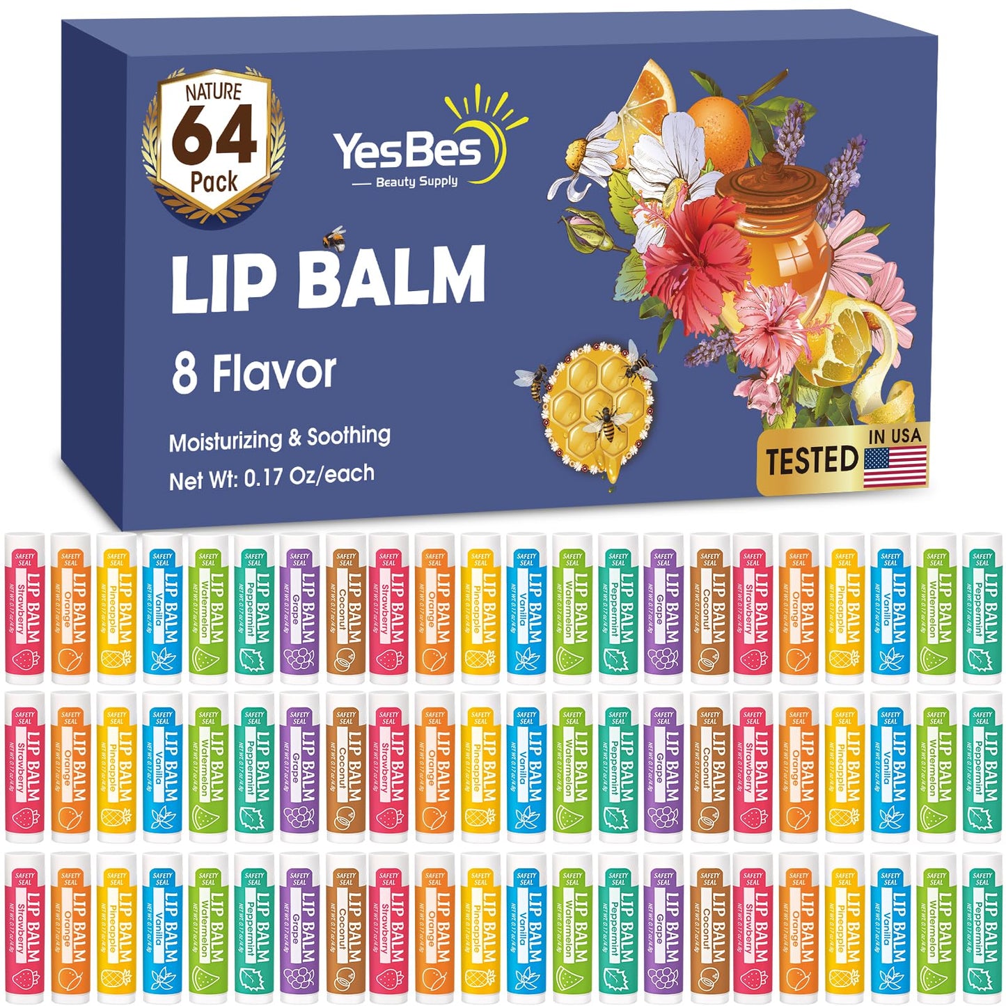 YesBes 64 Pack Lip Balm, Natural Lip Balm Bulk with Vitamin E and Coconut Oil, Moisturizing Lip Balm for Dry Cracked Lips, Lip Balm for Stocking Stuffers - 8 Flavors