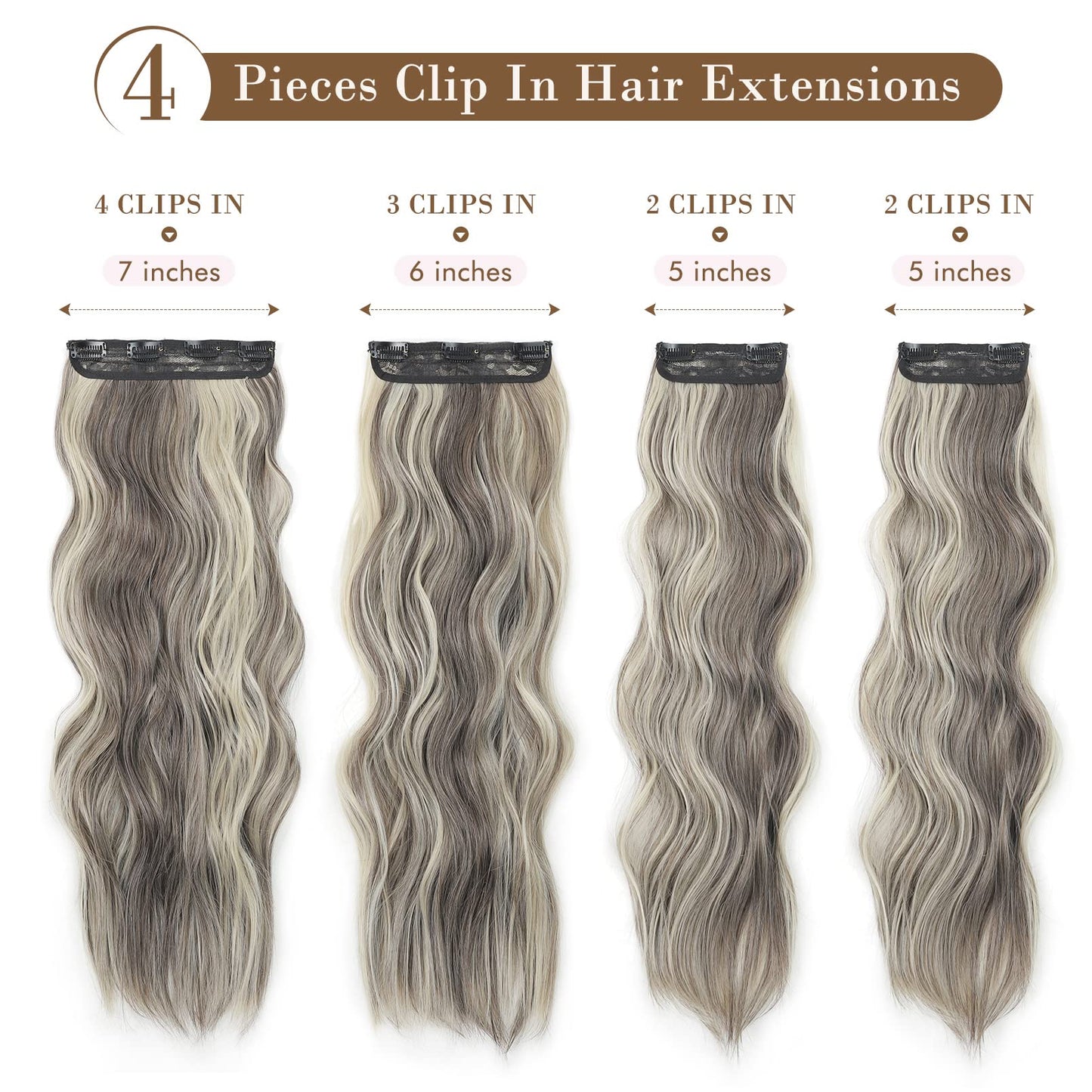 REECHO Hair Extensions, 4PCS Clip in Hair Extensions HE001 Natural Soft Synthetic Hairpieces for Women, Ash Brown with Platinum Blonde Highlights