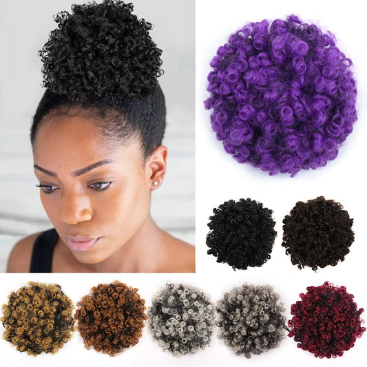 YISIKUNNUO Curly Wavy Afro Puff Drawstring Ponytail Hair Extension for Black Women Loose Wave Short Mini Afro Puff Hairpieces for Girls Kids(Black Purple)