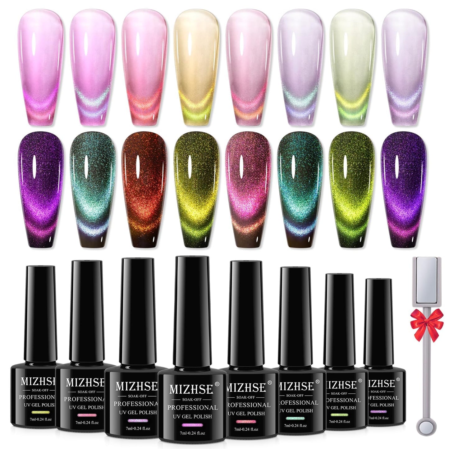 MIZHSE 9D Cat Eye Gel Nail Polish 8 Colors, Upgraded Neon Collection Magnetic Gel Polish Set with Magnet Stick, Chameleon Spring Summer Cateye Nail Gel Soak Off Nail Art Manicure Home Ladies Gift