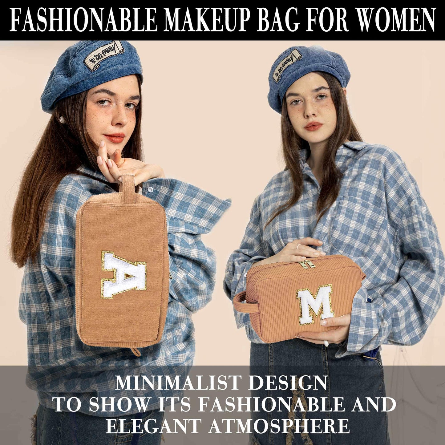 YOOLIFE Girlfriend Gifts Makeup Bag - Initial Cosmetic Bag Makeup Pouch Travel Makeup Bags for Women Make Up Bag Makeup Brush Bag Organizer Makeups Bag Unique Friend Gifts Wife Gifts Brown Letter W