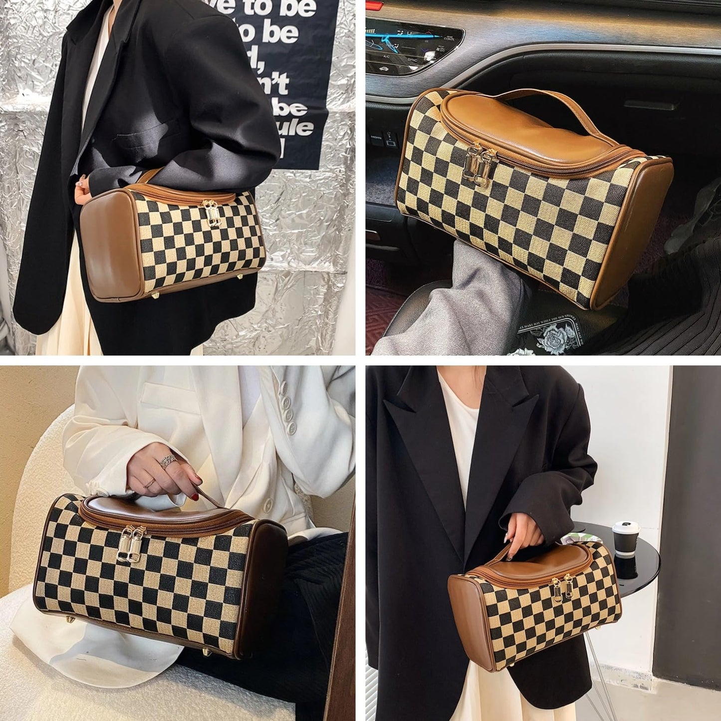 Waztyuk Checkered Makeup Bag Travel Purse Toiletry Bag Women Cute Cosmetic Case Portable Hanging Organizer for Essentials (Brown)