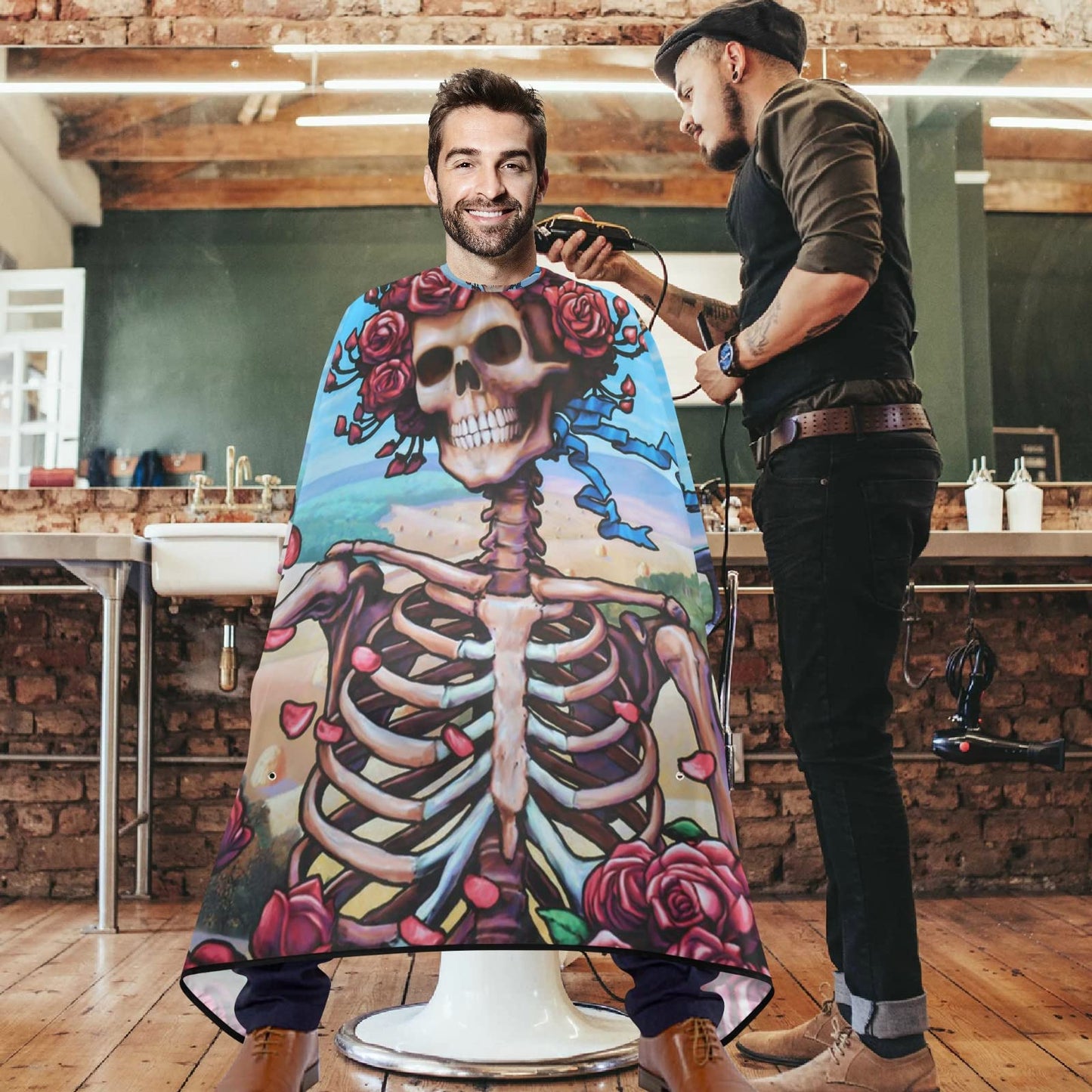 visesunny Barber Cape Flower Skull Polyester Hair Cutting Salon Cape Apron Anti-Static Haircut Water-Resistant Shaving Cloth Beard Shaving Bib Hairdressing Cape