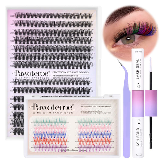 Pawotence DIY Lash Extension Kit 380pcs Individual Lash Clusters Eyelash Extension Kit 40D Curl Cluster Lashes Colored with Lash Bond and Seal and Lash Applicator (380PCS WITH COLOR)