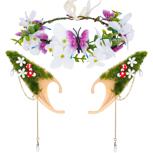 FRESHME Forest Mushroom Elf Ears with Butterfly Flower Fairy Crown Set, Soft Mushroom Pixie Ears and White Elf Floral Woodland Headpiece for Women Christmas Renaissance Halloween Wedding Cosplay