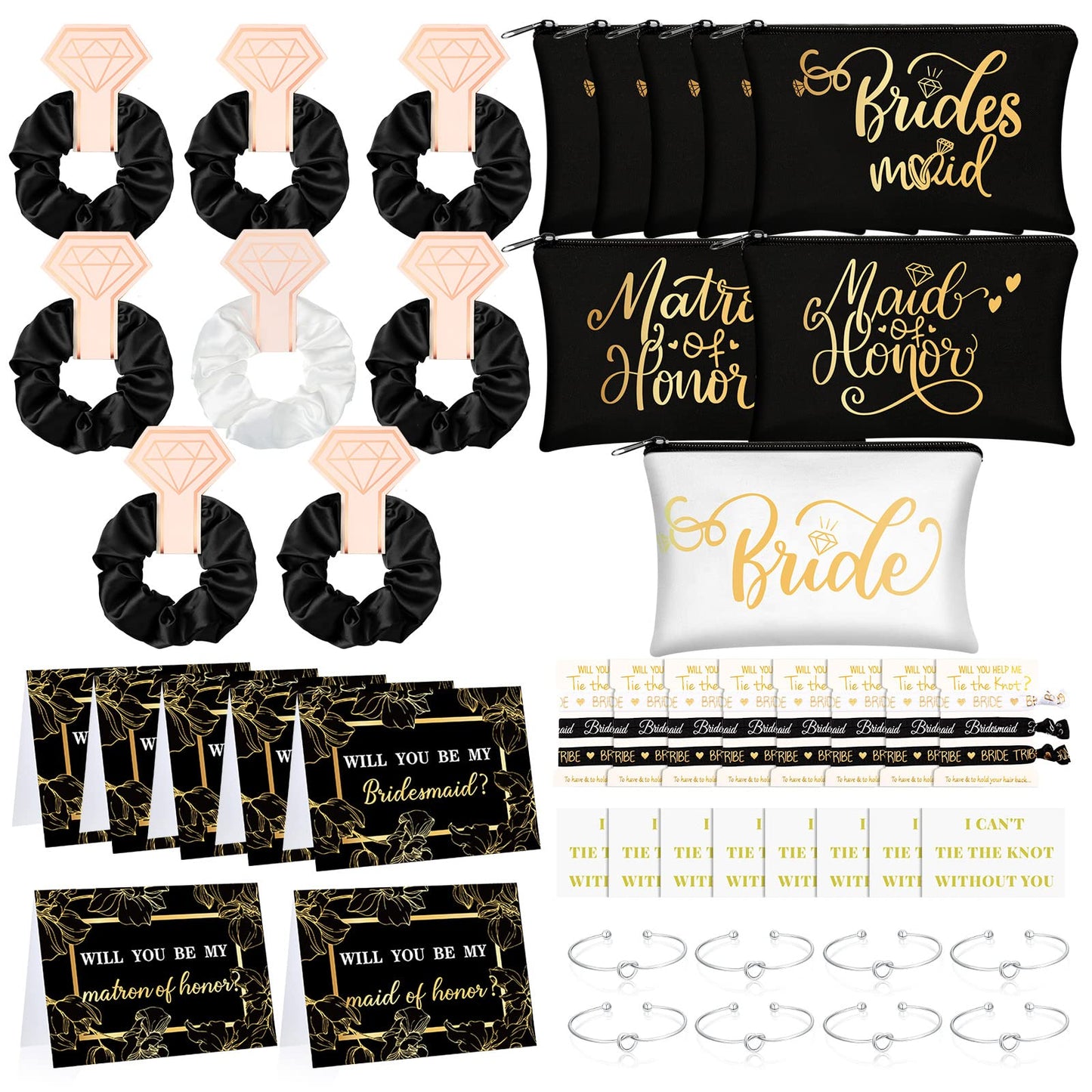 63 Pcs Bridesmaid Proposal Gifts Bulk Maid of Honor Gifts Matron of Honor Gifts Brides Bridesmaid Cosmetic Makeup Bag Hair Knotted Bracelets Invitation Cards for Wedding Bachelorette (Elegant Style)