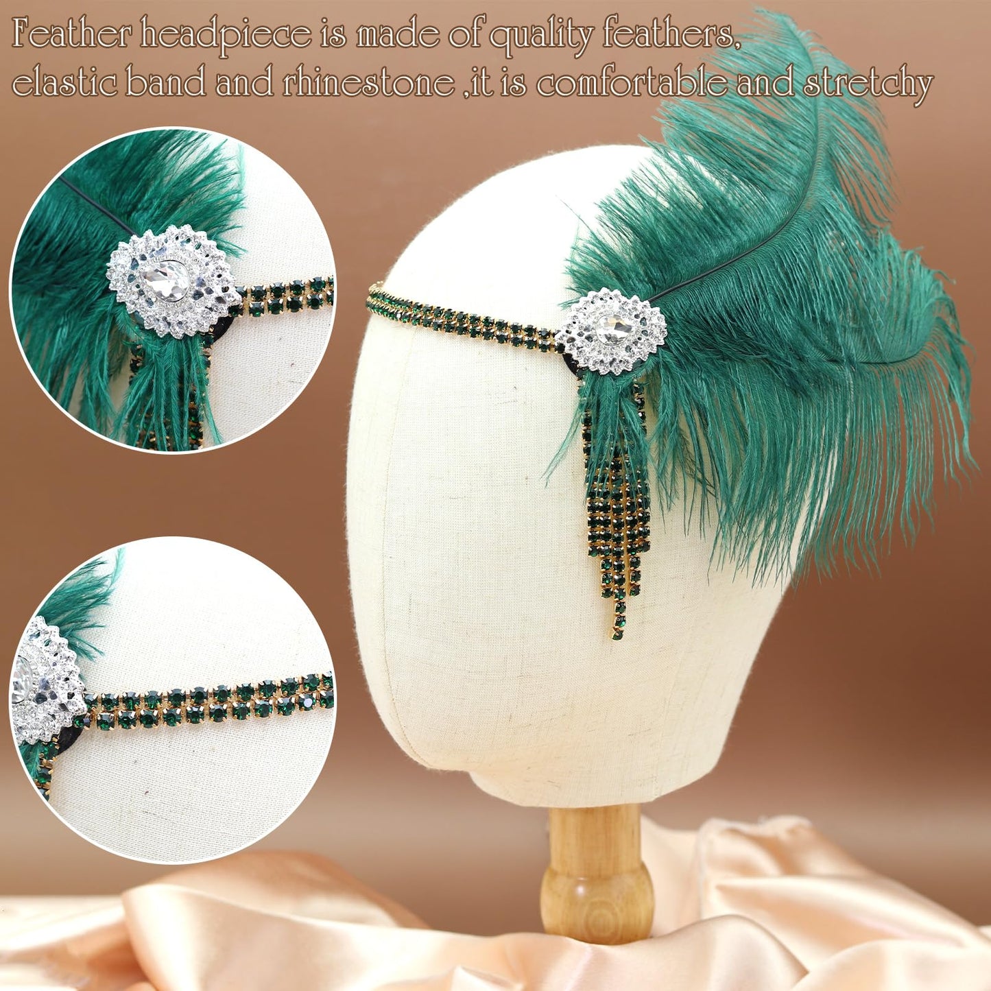 NAISKA 1920s Flapper Feather Headbands Great Gatsby Green Rhinestone Tassel Headpiece Vintage Roaring 20s Hair Band Accessories for Women and Girls