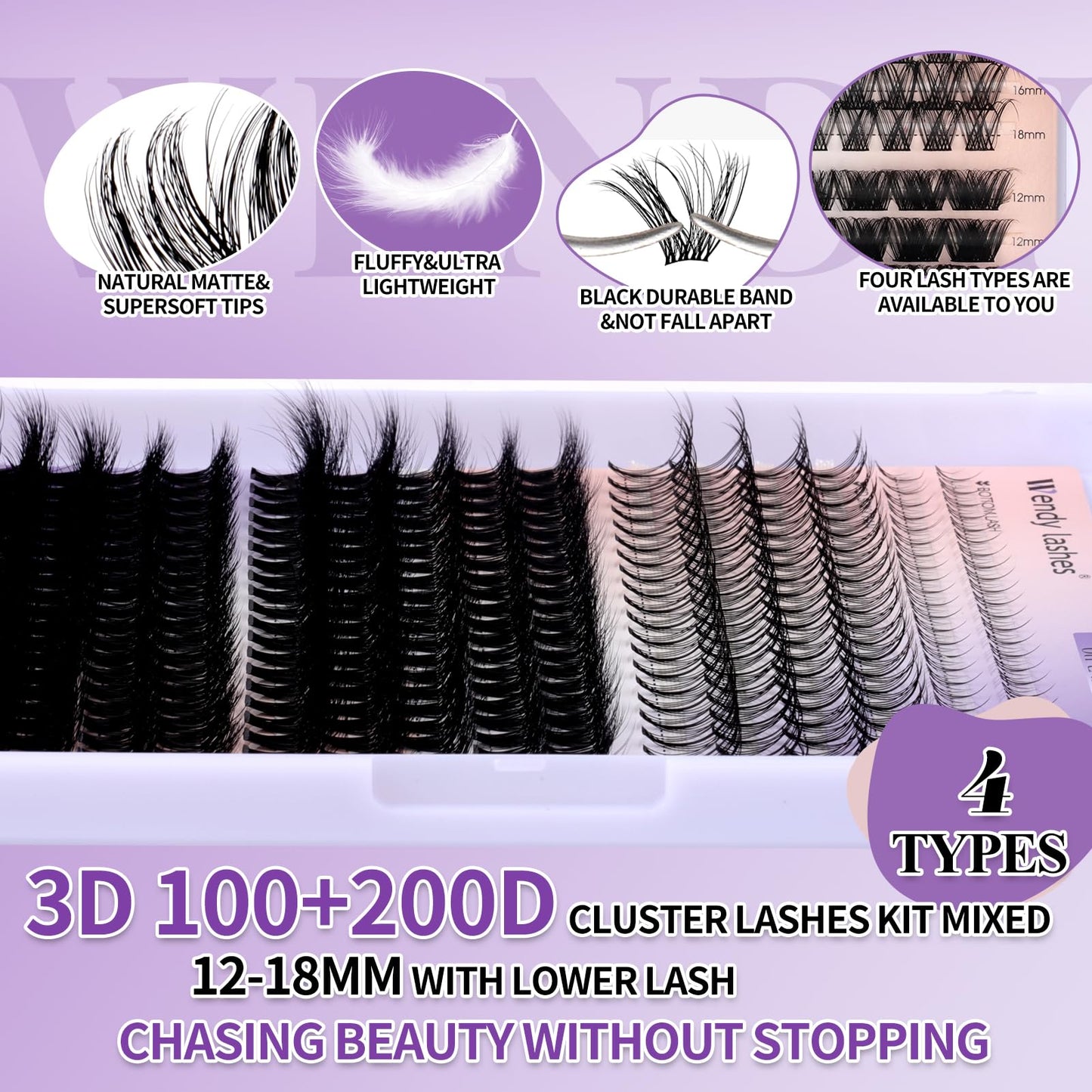 Lash Clusters Kit With Bottom Lashes 60/80/100/200D 3D Effect DIY Lash Extension Kit 12-18mm Multi-types Individual Lashes Bond and Seal, Spike, Volume Lashes Kit Lash Applicator(100/200 3DKit)