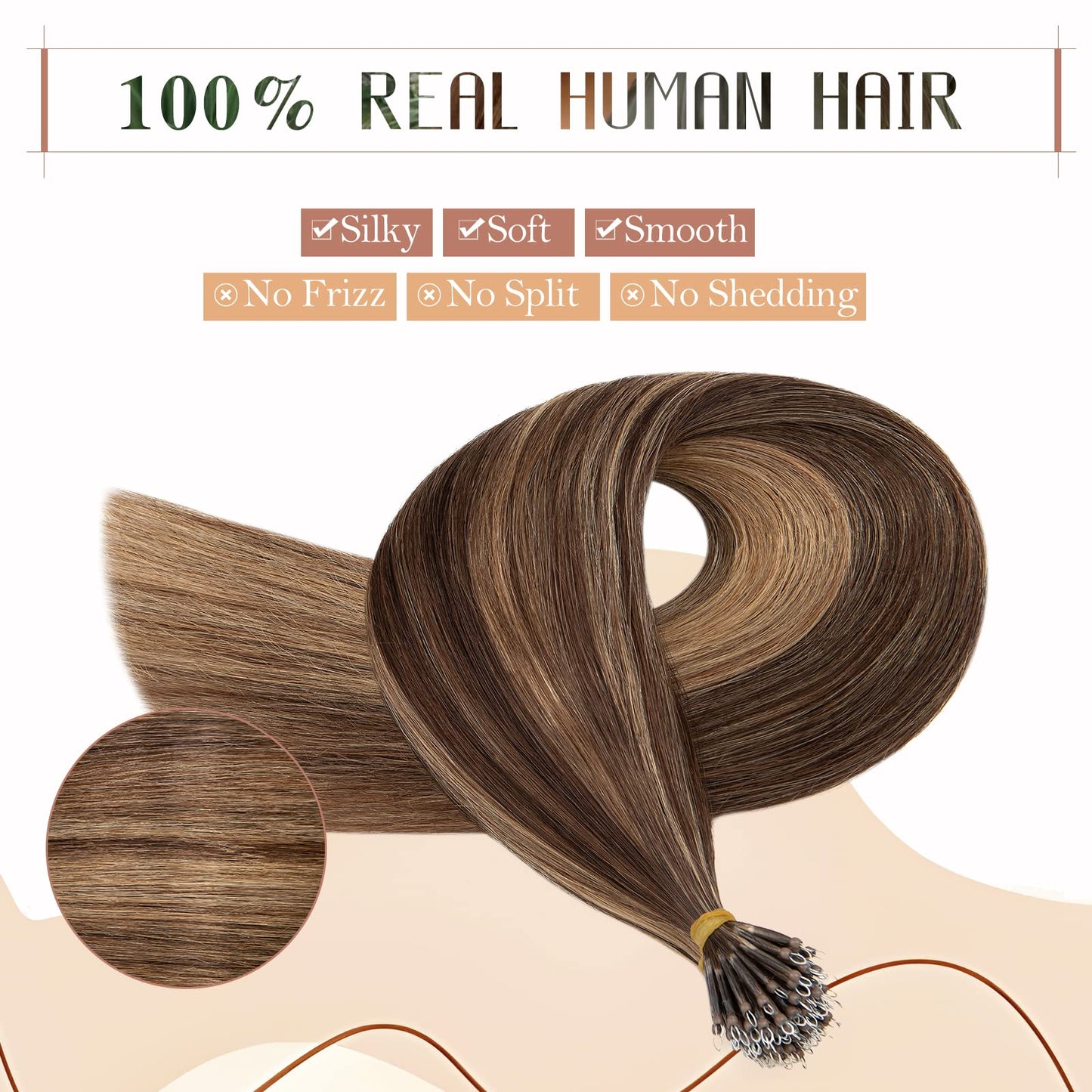 Nano Bead Hair Extensions Human Hair 20 Inch Nano Ring Hair Extension 100% Real Human Hair, Natural Can be Washed Curled Dyed Permed, 50 Strands 50g #4P27 Medium Brown & Dark Blonde