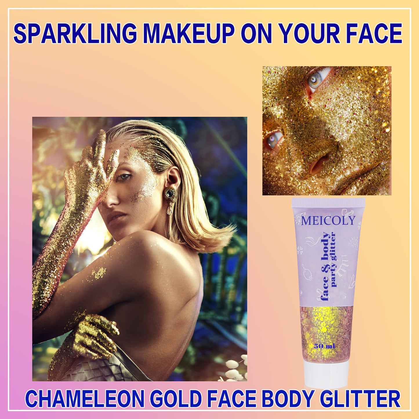 MEICOLY Chameleon Gold Body Glitter,Chunky Glitter Face Paint,Color Changing Mermaid Face Glitter Gel,Holographic Glitter Sequin for Face Body Hair,Halloween Festival Party Glitter Makeup,50ml