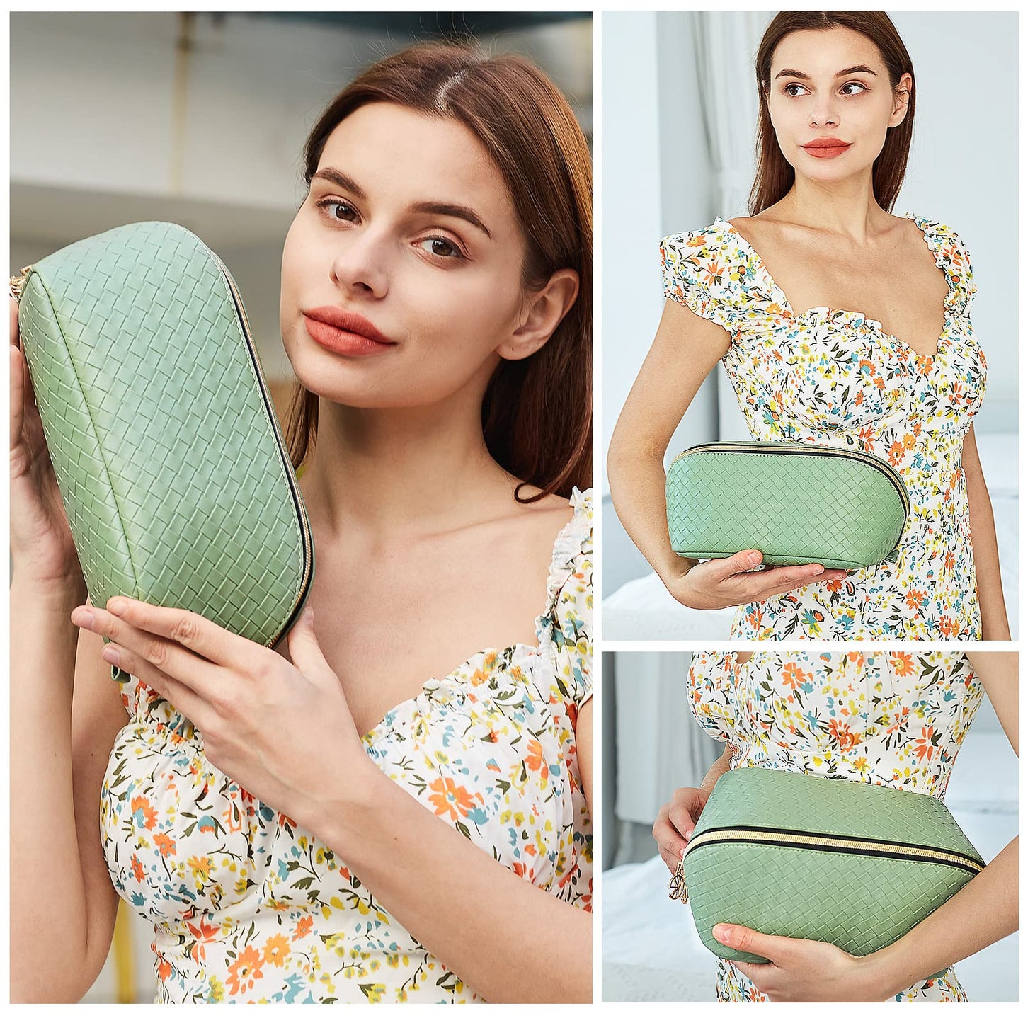 Keke Int'l Fashionable PU leather woven texture waterproof and easy-to-clean cosmetic bag with flat open design, convenient and practical toiletry bag with built-in pockets (Light green)