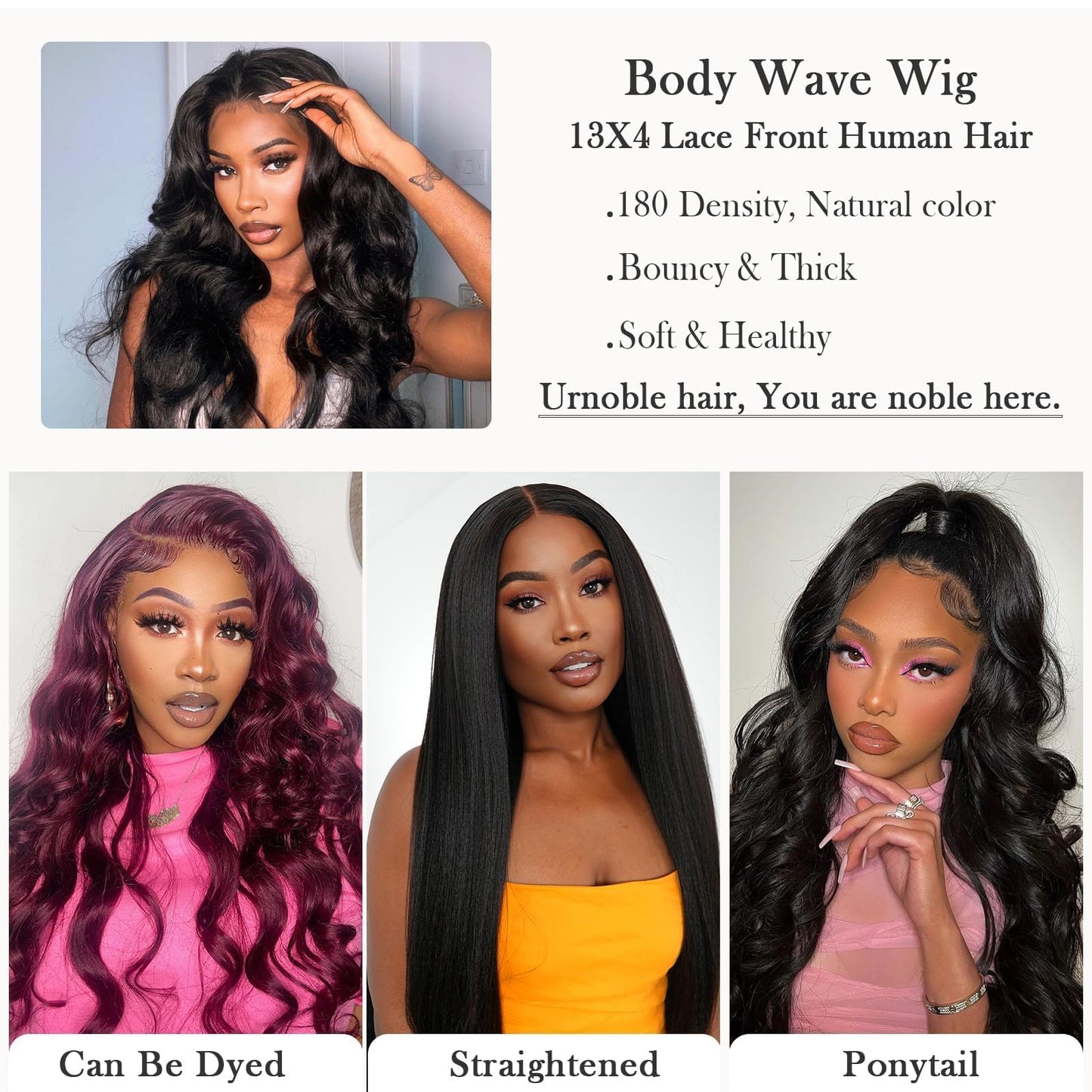 urno ble 13x4 Body Wave Lace Front Wigs Human Hair Pre Plucked with Baby Hair 180% Density 13x4 HD Transparent Lace Front Wigs for Black Women Natural Black Wigs(24inch)