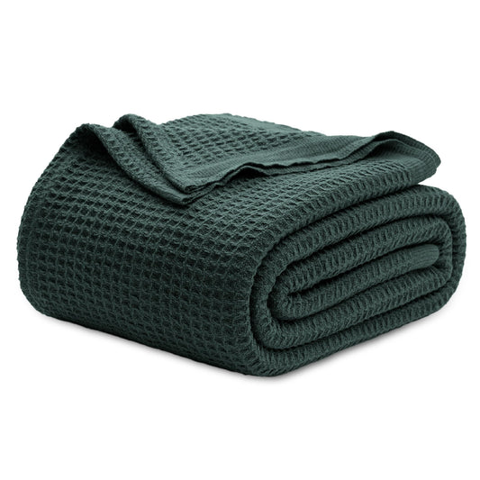 Bedsure 100% Cotton Blankets Queen Size for Bed - Waffle Weave Blankets for Summer, Lightweight and Breathable Soft Woven Blankets for Spring, Dark Green, 90x90 Inches