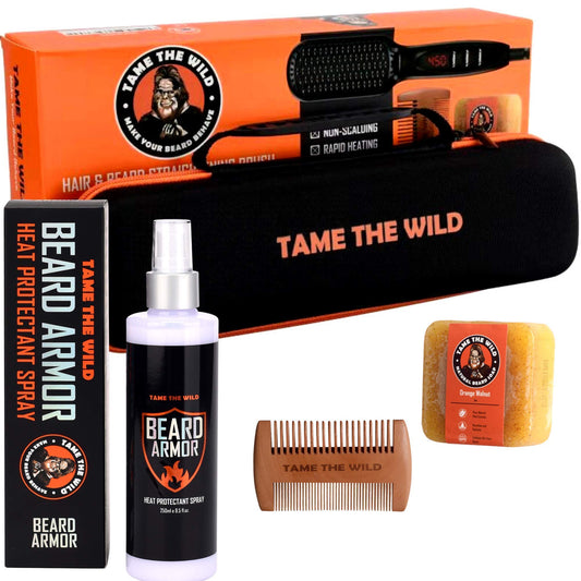 Tame's Elite Beard Straightener Brush and Tame's Beard Armor Heat Protector Spray - Bundle and Save