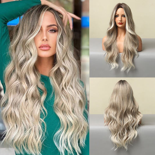 INSGOGO Long Body Wavy Ombre Blonde Wigs for Women 26 Inch 150 Density Heat Resistant Synthetic Wig Natural Middle Part Colored Wig for Cosplay Party