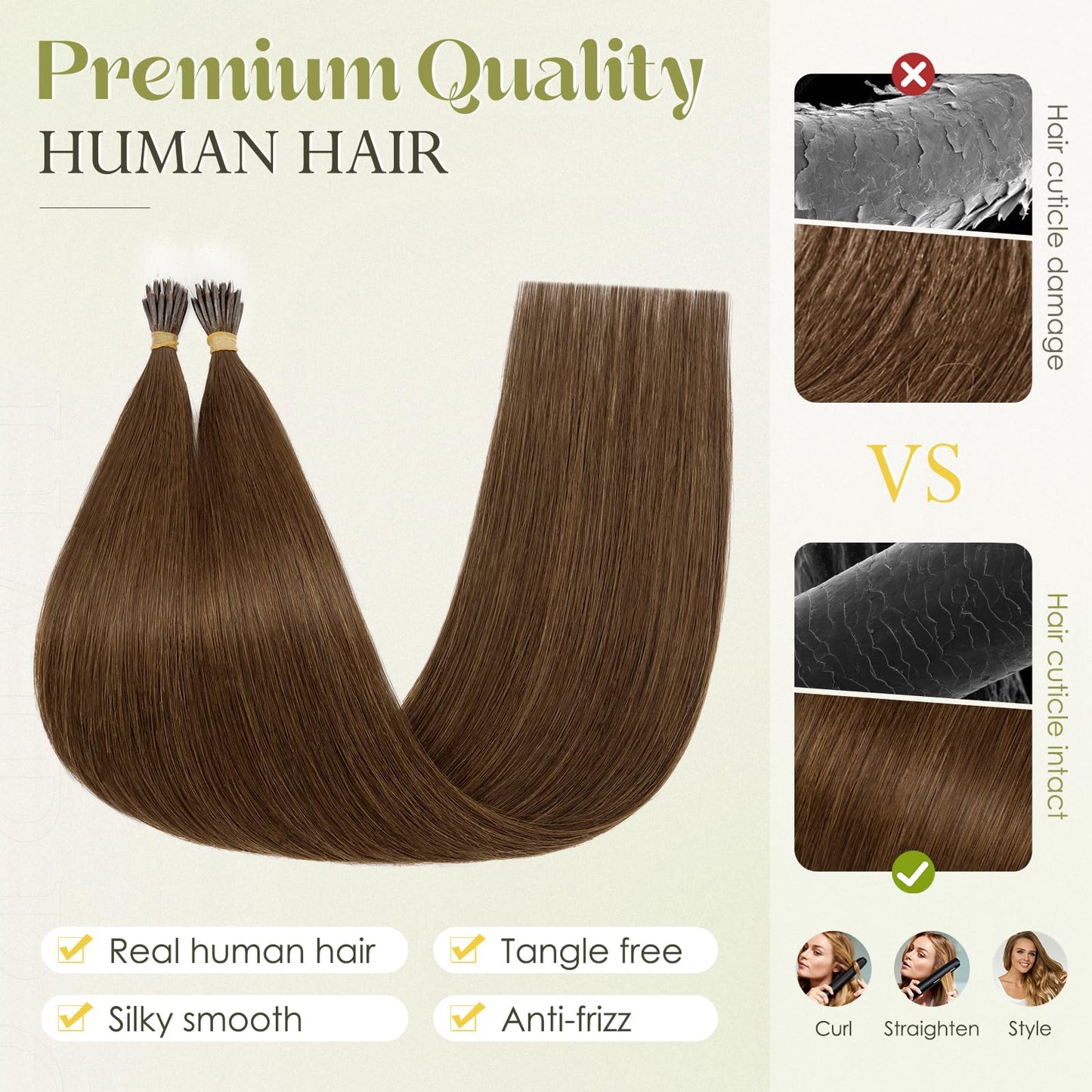 Hairro I Tip Hair Extensions Human Hair Transparent I Tips Real Hair Extensions Pre Bonded Cold Fusion Keratin Stick Tipped Hair Itips Hairpieces For Women 18 inch 50g 50S #04 Medium Brown