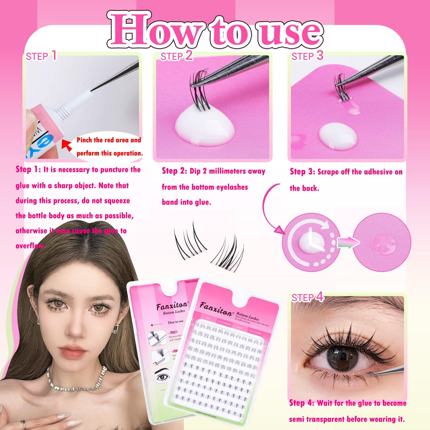 FANXITON Bottom Lash Extension Kit DIY Manga Lash Clusters with Lash Glue 6-7mm Natural 2 Style Lower Lashes 120Pcs Anime Eyelashes Cluster Kit