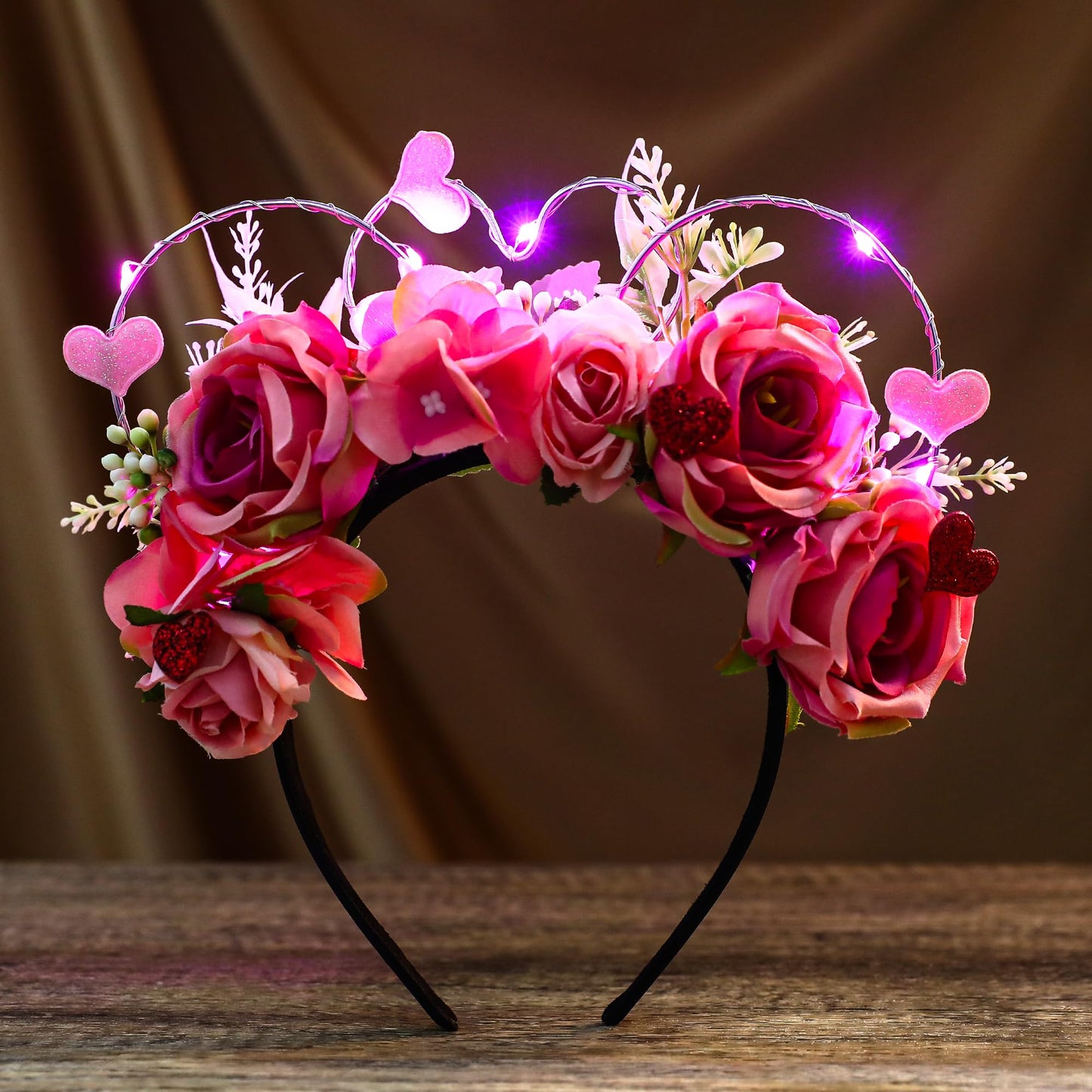 VISSTREE Valentines Day Light Headband - Floral Mouse Ears Headband Cute Pink Red Rose Handmade LED Light Up Theme Parks Flower Crown, Valentines Day Holiday Birthday Party Photography Gift for Her