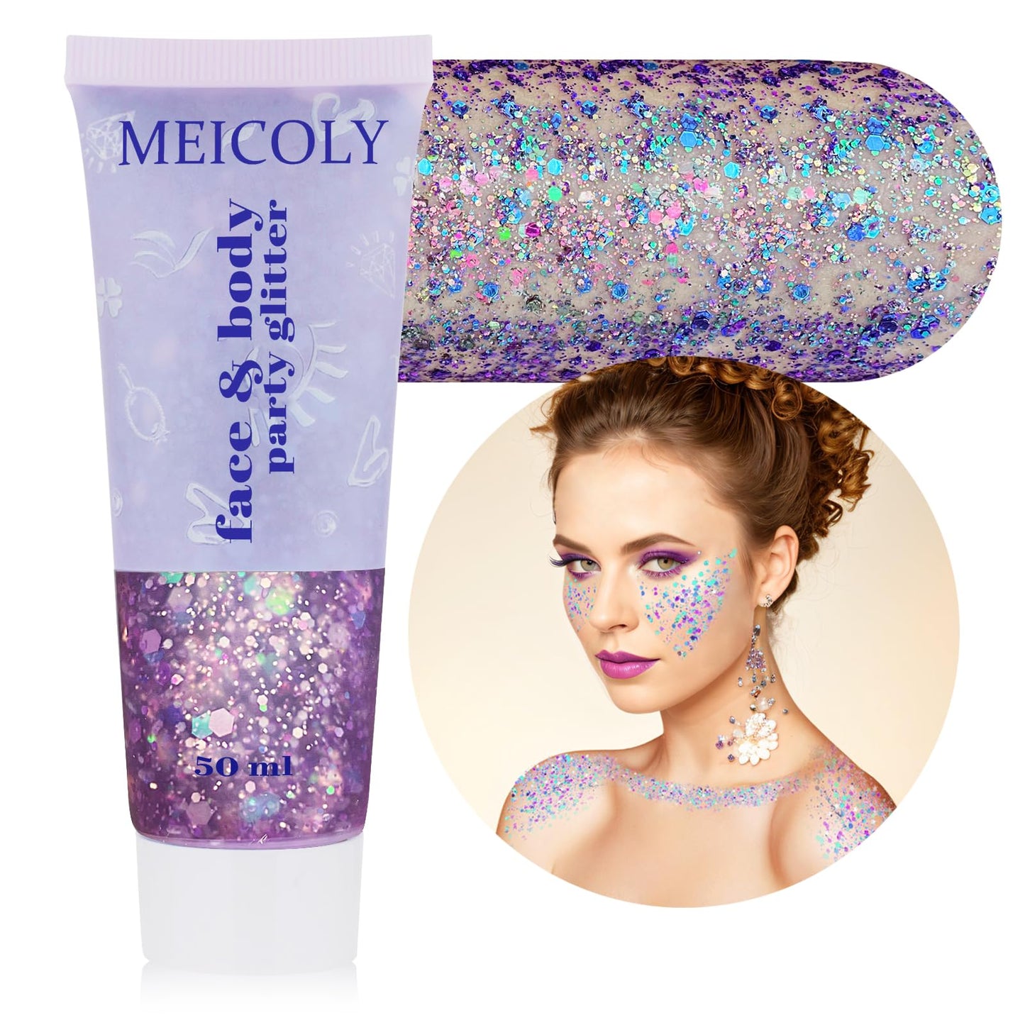 MEICOLY Chameleon Purple Body Glitter,Chunky Glitter Face Paint,Color Changing Mermaid Face Glitter Gel,Holographic Glitter Sequin for Face Body Hair,Halloween Festival Party Glitter Makeup,50ml