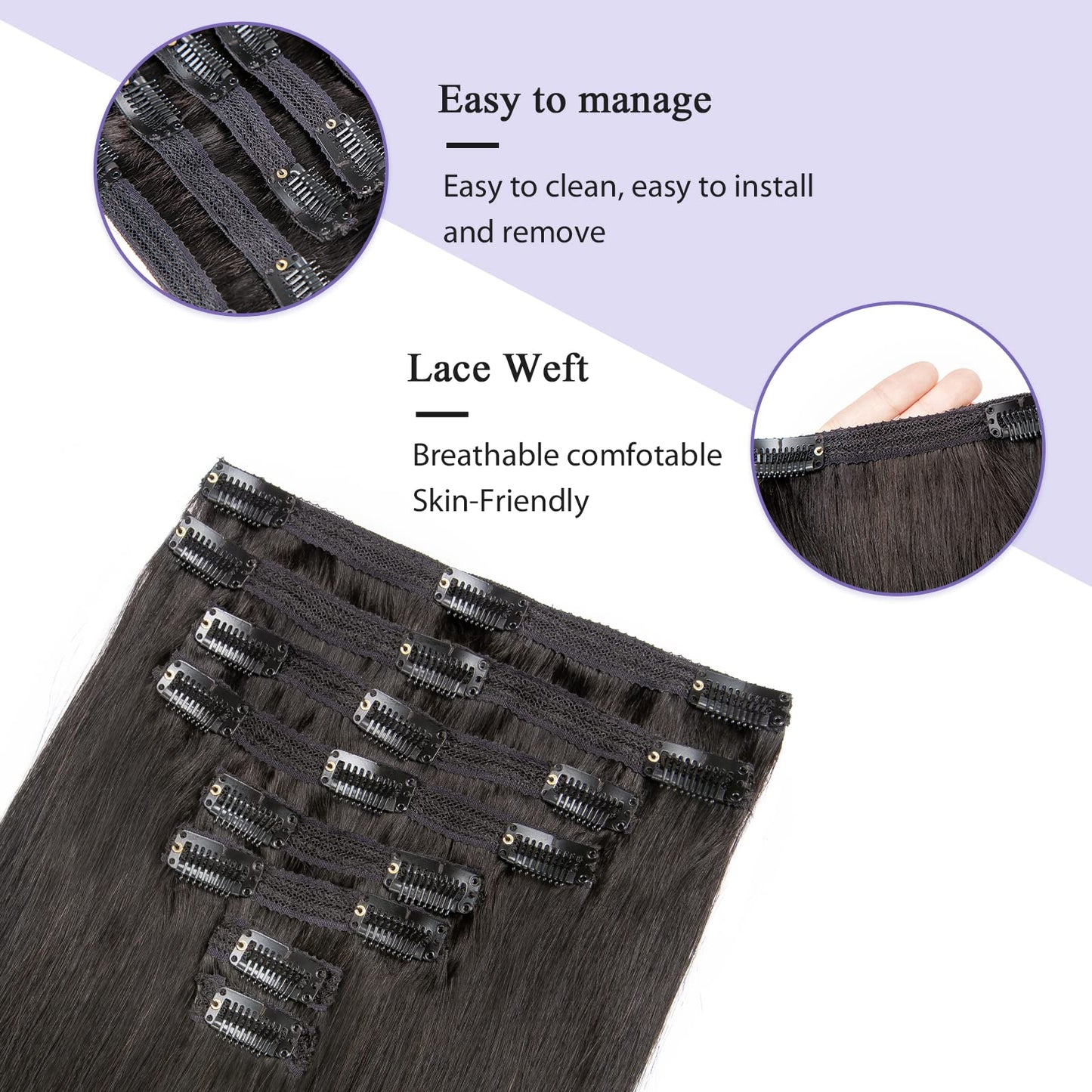 Straight Human Hair Clip in Hair Extensions 100% Unprocessed Full Head Brazilian Virgin Hair Natural Black Color,Double Wefts,8/Pcs with 18Clips,130Gram (18 Inch)