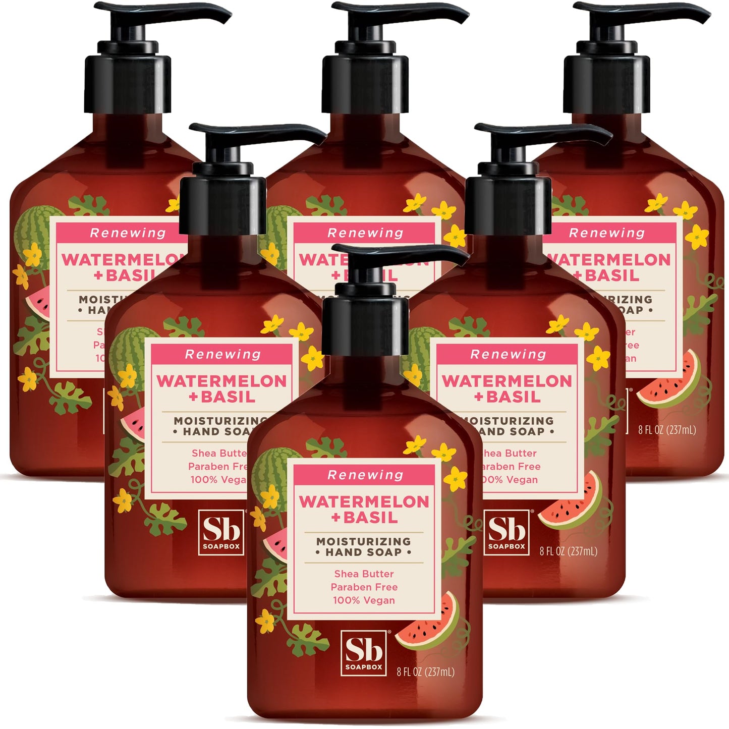 Soapbox Hand Soap Watermelon + Basil Hand Soap for Bathroom & Kitchen with Pump Dispenser, (6 Pack, 8 oz Each)